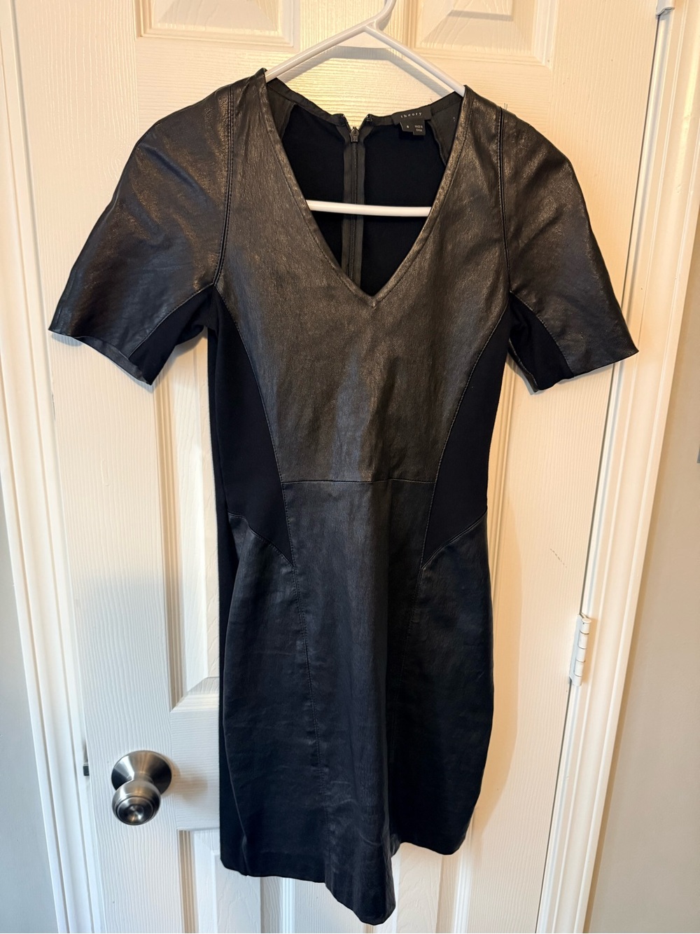 Theory Black Faux Leather V-Neck Sheath Dress